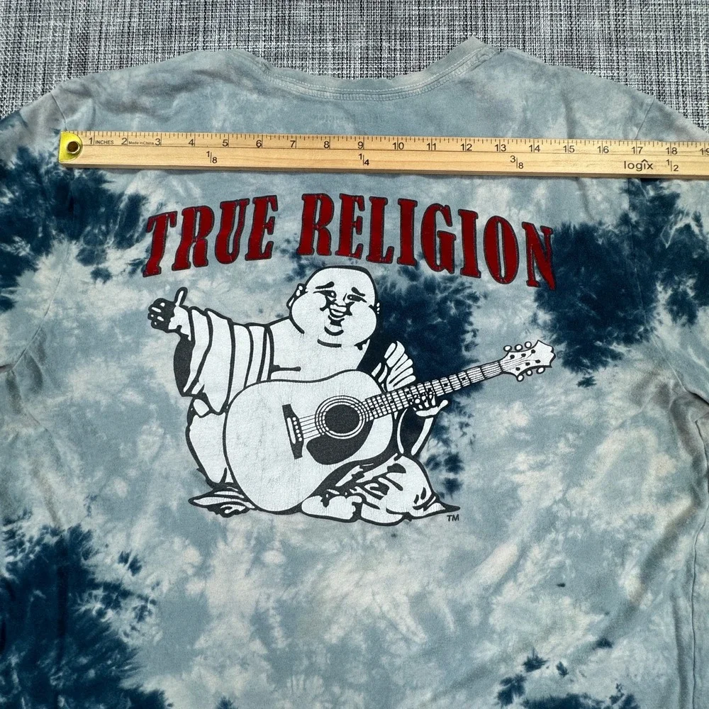 True Religion Mens T-Shirt Large Blue Tie Dye Buddha Guitar Graphic Logo Cotton